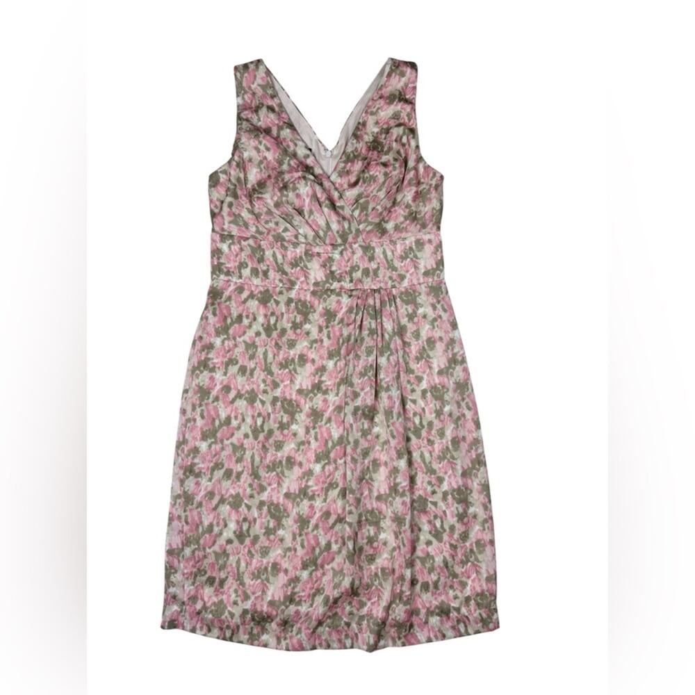 Talbots watercolor Pink and Olive Floral V-Neck Dress tie back